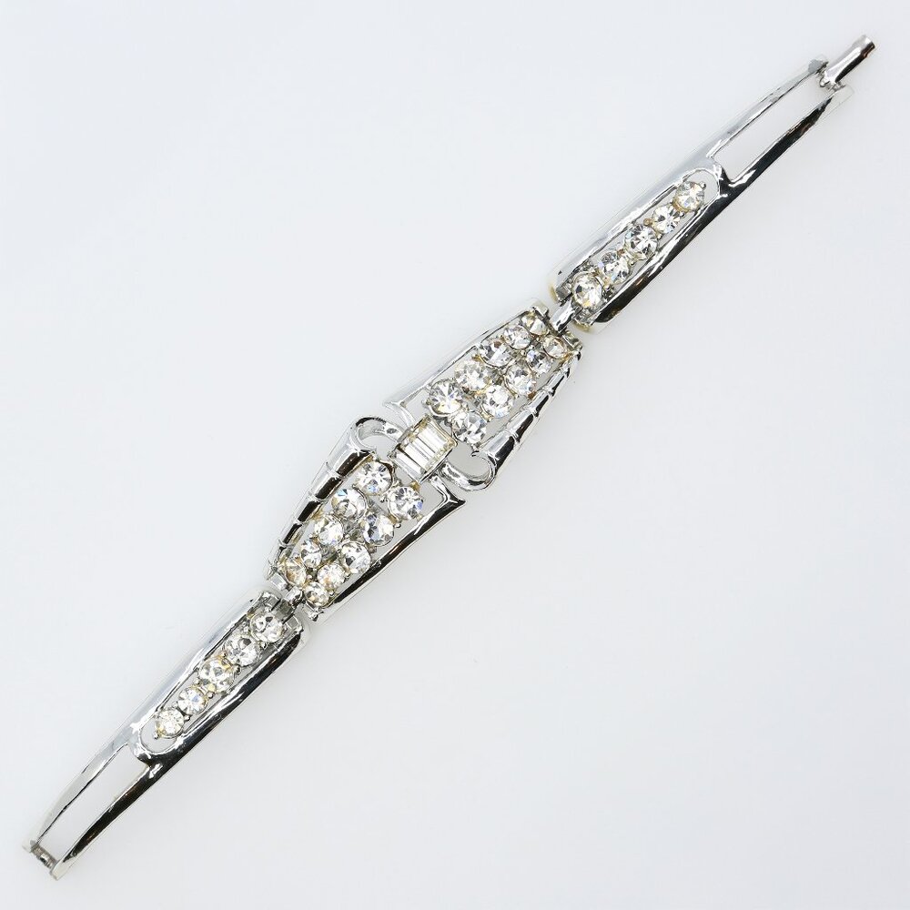 Vintage Coro Silver Toned Sparkling Rhinestones‎ Hinged Bangle Bracelet 1950s